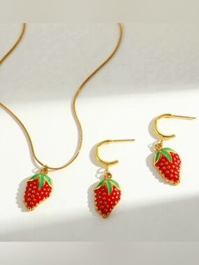 Cute Strawberry Necklace and Earrings Set